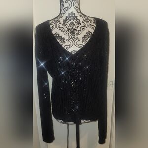 DONNA KARAN New York Black Sequin V Neck Sweater Sz Large Cashmere Silk Blend